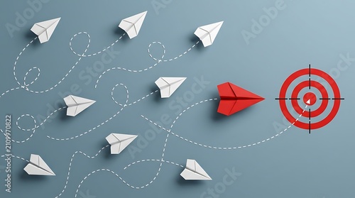 Red paper plane flying towards target icon while white planes wander aimlessly demonstrating leadership focus vision clarity determination innovation and unique strategy in corporate world.
