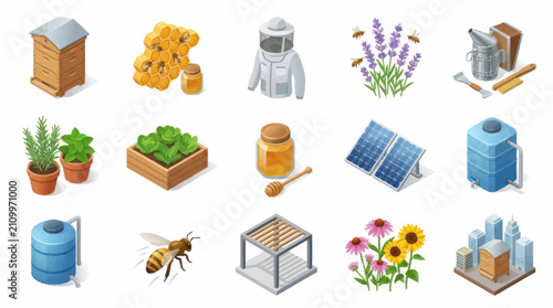 Принти на полотні Colorful flat design icons of beekeeping and gardening tools.