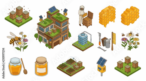 Foto Isometric beekeeping and honey production illustration set.