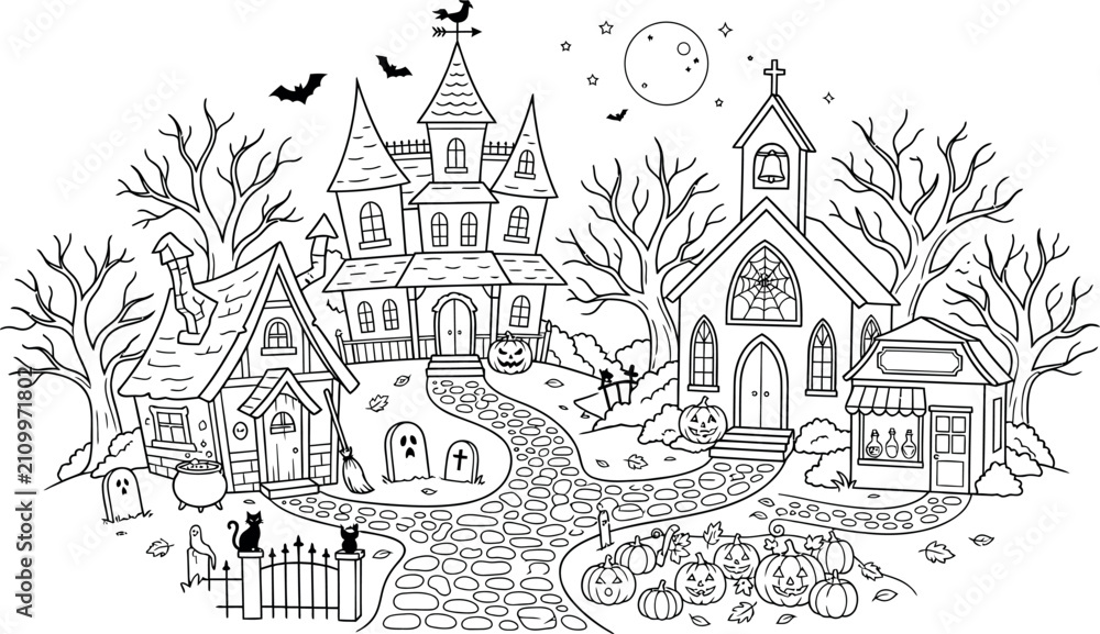 Fototapeta premium Intricate black and white halloween coloring page featuring a spooky haunted church scene with trees and bats which is isolated on transparent background