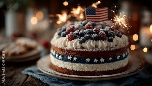 American flag cake with berries and sparklers on dessert blueberries