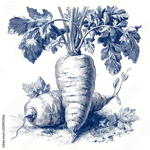 Blue and white of two turnips with leaves vegetables roots