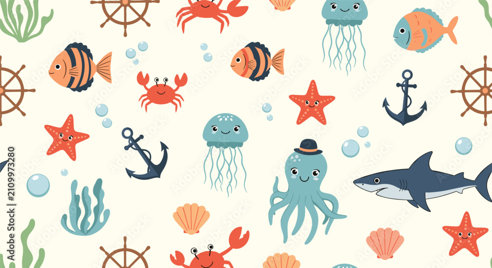 Obraz premium Seamless pattern of cute sea creatures and nautical elements including fish, crabs, starfish, octopuses, jellyfish, and anchors.