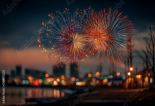 Colorful fireworks exploding over city skyline at dusk night explosion