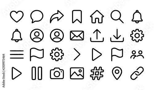Generic social media UI editable stroke icon set vector