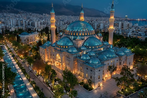 Grand mosque with blue domes and minarets at dusk cityscape evening