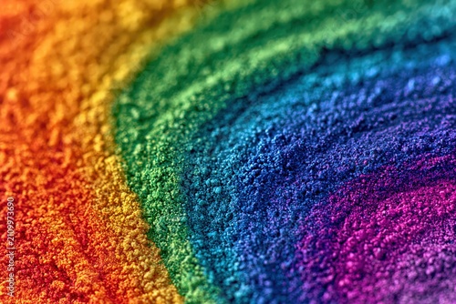 Abstract macro shot of vibrant rainbow colored powder with a textured, granular surface and soft focus.