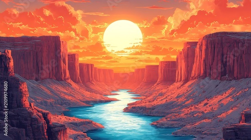 Sunset canyon river landscape