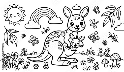 Obraz na płótnie Kawaii Kangaroo Mother and Baby Joey Meadow Coloring Book Page Vector