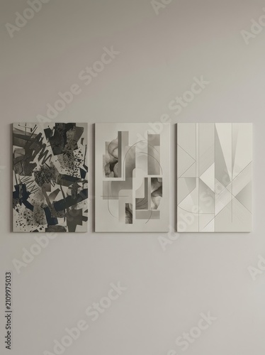 Modern abstract art panels featuring geometric and organic shapes