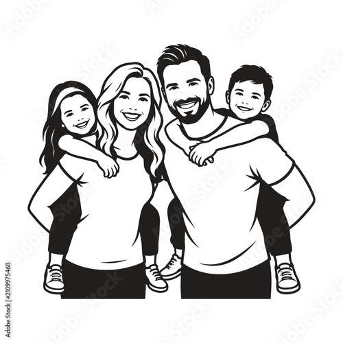 Happy young family with children piggyback line art vector illustration