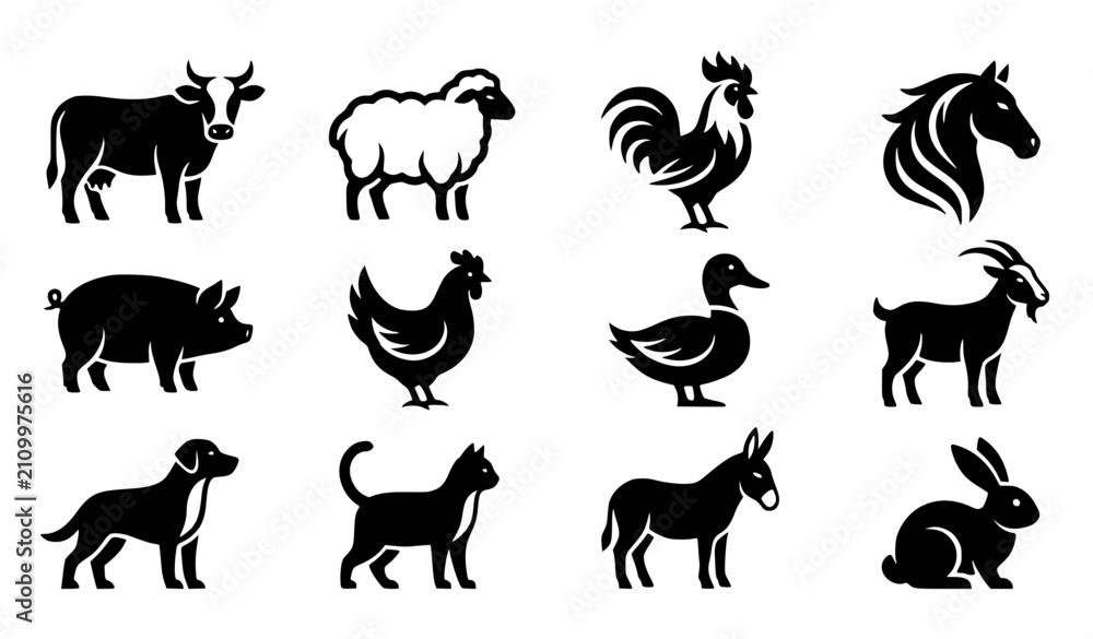 Obraz premium Modern abstract generic farmyard animal symbol vector clipart set with minimalist clean outline unbranded agriculture brand cow sheep rooster monogram and cosmic livestock logo graphics black and whit