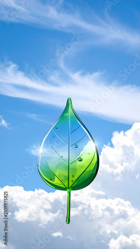 Shiny glass leaf with dewy reflections over cloudy sky creating optimistic eco tech mood generative AI