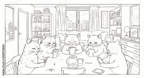 Playful cartoon cats dining together at a table in a cozy room, concept for social gatherings, pet-themed illustrations and family entertainment