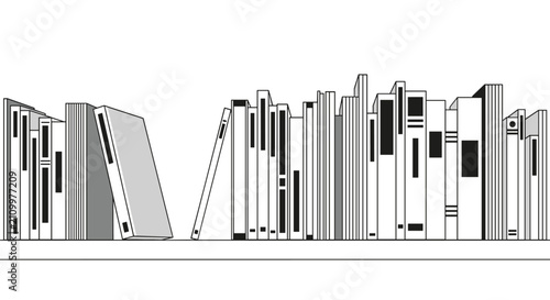 Minimalist black and white line art illustration of a row of books standing neatly together on a long wooden shelf.