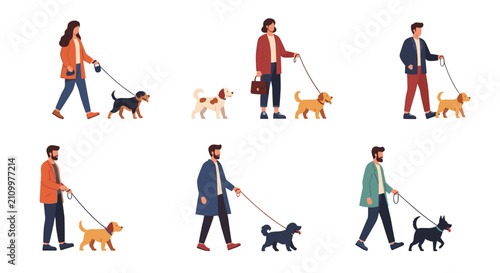 Diverse men and women walking their pet dogs of various breeds on leashes isolated on a clean white background.