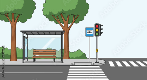 Modern city bus stop with a comfortable wooden bench located next to a pedestrian crosswalk and street traffic light.
