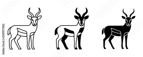 Photography Antelope Icons Set: Outline, Silhouette, and Black and White Vector Graphics for