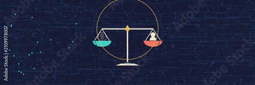 AI ethics banner with balance scales weighing neural brain against human figure in halo circle on navy, responsible artificial intelligence governance concept vector