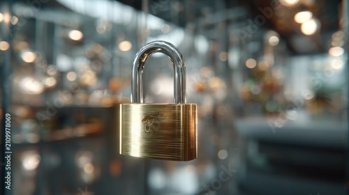 Golden Padlock Secured: A close-up shot of a gleaming golden padlock, symbolizing security and protection, hangs suspended against a softly blurred background of indoor lights and reflections.