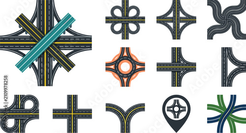 Bild auf Leinwand Road intersection and highway junction icon set featuring street crossings round