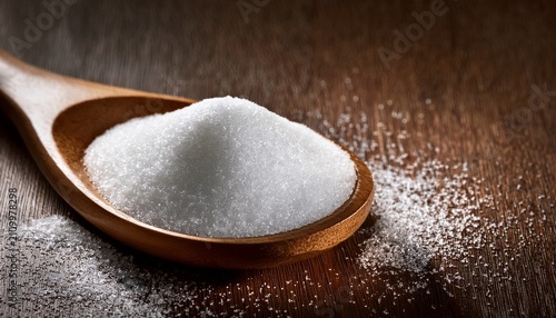 Spoon Of Fine Granulated Sugar On Wood Table