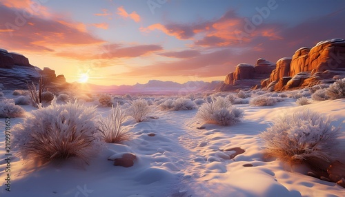 Winter Snowy Desert Landscape With Frosted Bushes And Rocks At Sunrise Serene Wilderness Scene