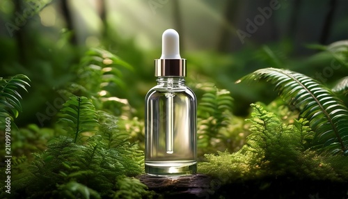 A Beautiful Clear Serum Bottle Elegantly Surrounded By Lush Greenery And Natural Elements