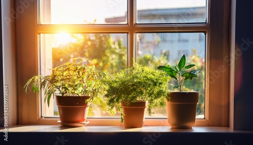 Plants In Pot In The Window Soft Afternoon Sunlight