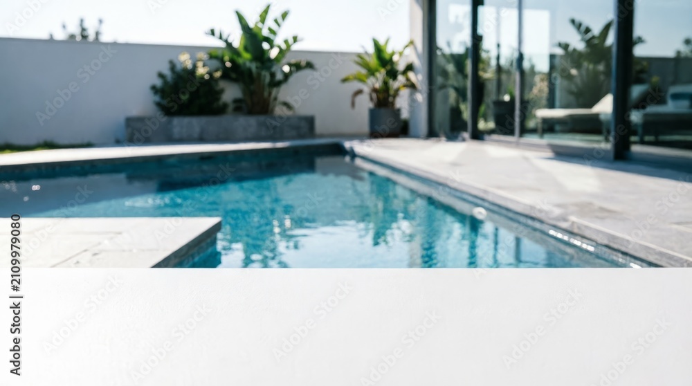 Obraz premium Modern Swimming Pool with Glass House and Tropical Plants for Luxury Lifestyle