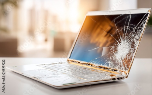 Damaged laptop with cracked screen and keyboard in bright modern workspace