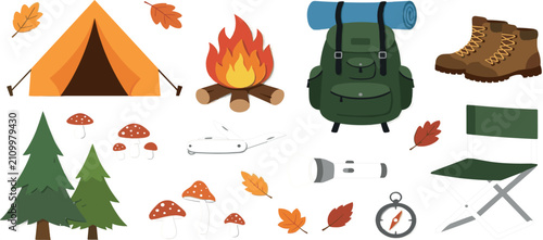 l Camping equipment and survival vector graphics with tent campfire hiking pack trekking shoes compass and folding chair isolated icons