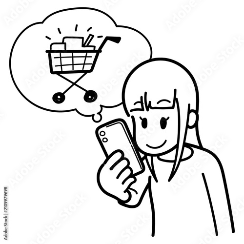 ネットで買い物する女性（色塗りなし、線のみ）