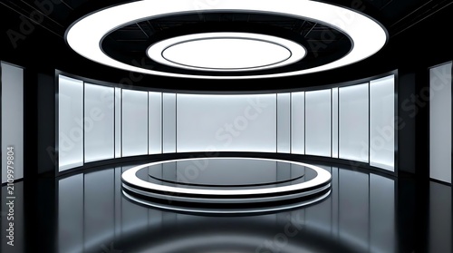 A high-end virtual television set featuring a circular stage with glowing lights and a modern curved background for professional broadcast production studio