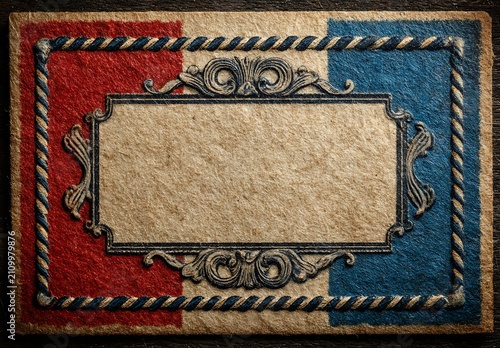 Vintage french flag with ornate border and text box white blue