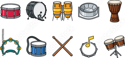 Canvas-taulu Musical drum and percussion instrument icon set featuring snare bass conga djemb