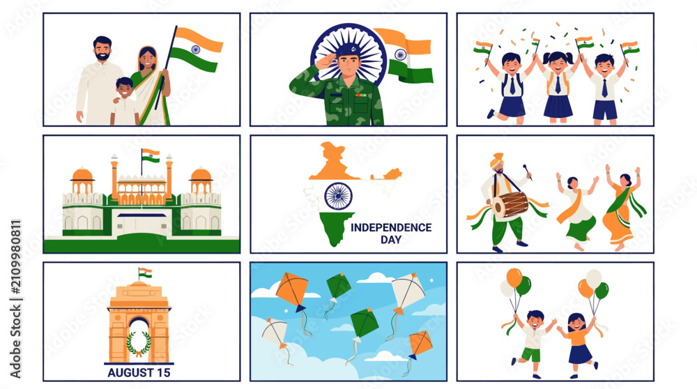 Fototapeta premium Indian Independence Day vector illustration set, August 15 celebration banners with national flag and monuments, patriotic people and soldier icons