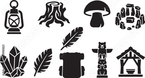Fotografía Wilderness and mystical nature silhouette icons set with lantern, crystals, tote