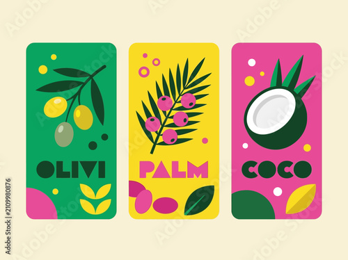 Minimalist Flat Vector Labels for Olive, Palm, and Coconut Products