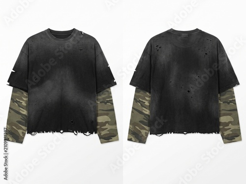 Blank distressed black t-shirt mockup with camouflage long sleeves, front and back view of oversized streetwear garment with torn details and vintage wash on white background