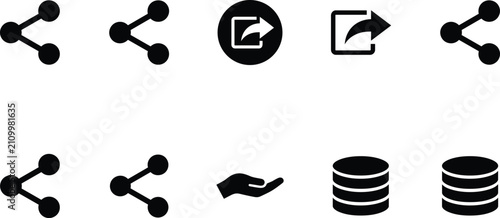 Share button link and database icon set with network connection export arrow hand gesture data storage ui symbols