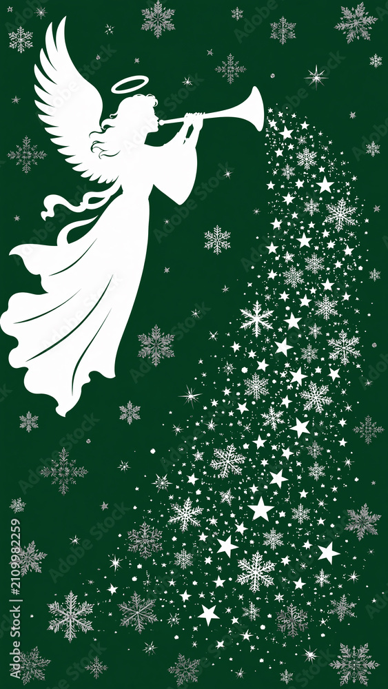 Obraz premium Christmas angel blowing trumpet forms tree with stars and snowflakes