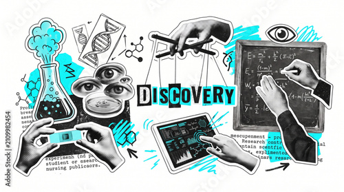Obraz na plátne Retro science discovery halftone collage featuring DNA genetics, lab beaker, chemical formulas on blackboard, digital research tablet, eye observation symbols, and vintage cutout scrapbook motifs