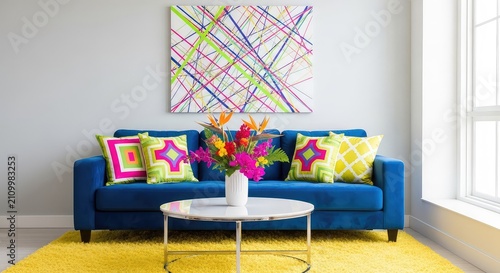 Vibrant dopamine decor blends bold geometric prints with electric colors and plush textures to create a living space at peak happiness, modern, living, velvet