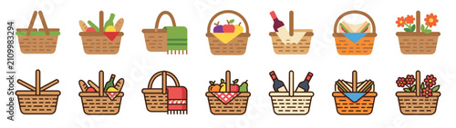 Picnic baskets filled with food, wine, and flowers represent traditional outdoor dining and pleasant social gatherings.