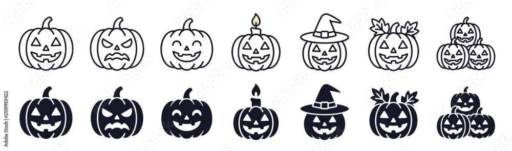 Obraz premium Pumpkins collection presents various jack-o-lantern expressions, witch hats, and leafy adornments in a clean, high-contrast duo-tone vector set for seasonal design.