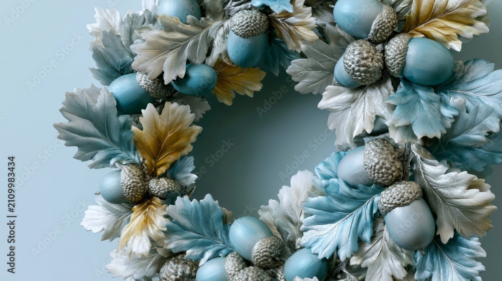 Fototapeta premium Elegant Winter Wreath Decorated with Blue, Silver Bulbs and Gold Leaves for Festive Celebrations