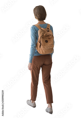 Full length portrait of young woman walking isolated transparent PNG, student girl full body photo PNG with transparent background precisely cut-out with clipping path, back view.