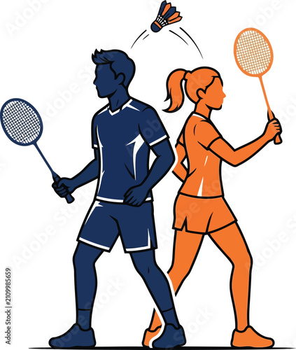 Man and woman playing badminton with rackets and shuttlecock in a sports match