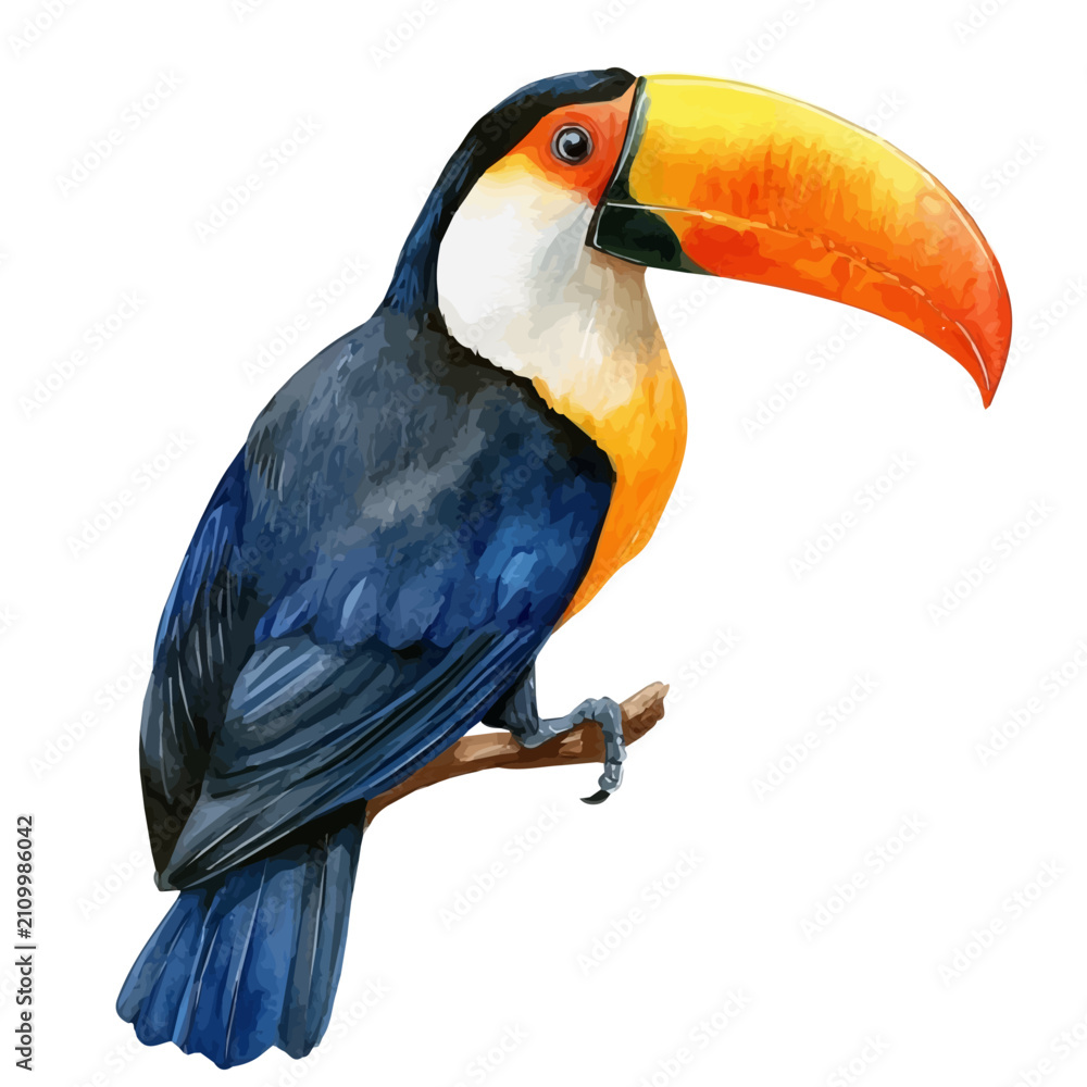 Fototapeta premium Watercolor-style vector illustration of Colorful Toucan, isolated on a clean white background.